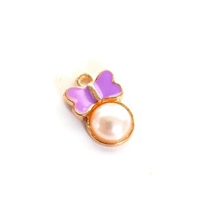 Whimsy Cute Tiny Purple Enamel Butterfly Faux Pearl Cabochon Pendant Charm